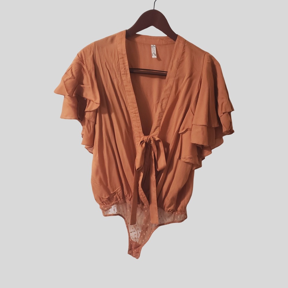 VTG Intimately Free People Call Me Later Bodysuit Orange Mesh Swiss Dot Small